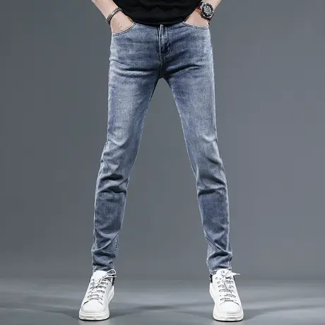 香港高端牛仔裤男2023夏季新款潮牌蓝色修身小脚弹力潮流男士长裤图片