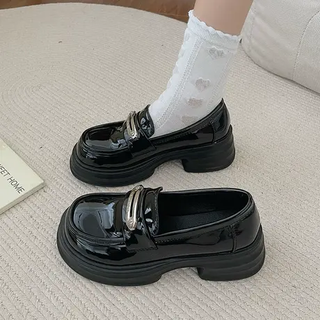 粗跟厚底乐福鞋女2023新款秋季英伦风玛丽珍小皮鞋一脚蹬浅口单鞋商品大图