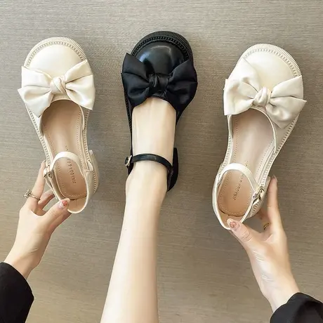 学院风猪腰子单鞋女新款2023年春季百搭粗跟蝴蝶结女鞋制服小皮鞋商品大图