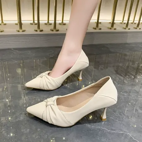 法式高跟鞋女细跟2023新款夏季蝴蝶结设计感气质名媛白色小众单鞋图片