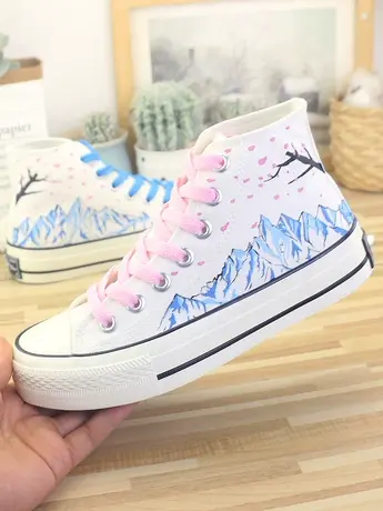 中帮帆布鞋子日系小清新女鞋夏秋运动男鞋学生情侣手绘鞋潮流板鞋商品大图