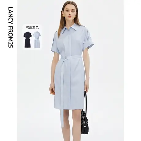【会员专享】朗姿显瘦衬衫连衣裙子女夏季新款通勤蓝色黑色衬衫裙图片