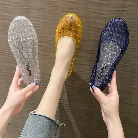 果冻鞋女塑料浅口平底鸟巢沙滩鞋洞洞鞋外穿防滑雨鞋坡跟鱼嘴凉鞋图片