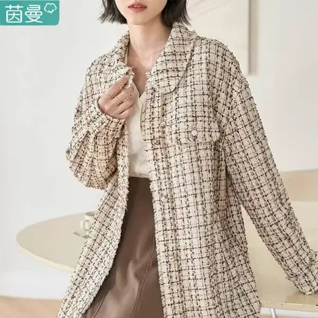 茵曼官方旗舰店女装2023新款春秋冬宽松格子粗花呢小香风外套衬衫图片