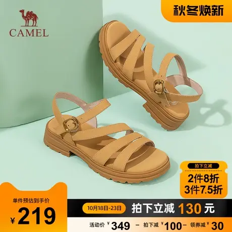 骆驼女鞋2023年夏新款真皮一字带时装凉鞋粗跟露趾舒适罗马凉鞋女图片