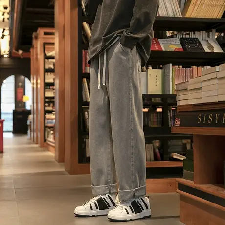 美式高街直筒牛仔裤男潮牌复古蓝纯色休闲长裤宽松抽绳男士九分裤商品大图