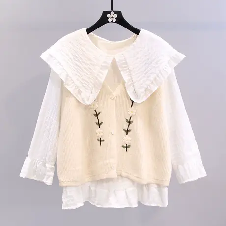 刺绣小花针织马甲女秋冬2023年新款宽松外搭减龄无袖毛衣背心外套图片