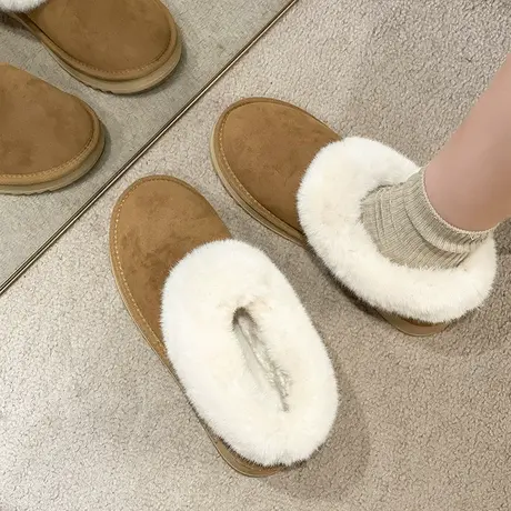 毛毛雪地靴女冬加绒加厚保暖一脚蹬家居低帮短筒靴东北面包大棉鞋图片