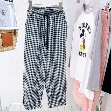 韩国东大门夏季泡泡棉麻格子裤文艺高腰萝卜阔腿裤薄款遛弯裤宽松商品大图