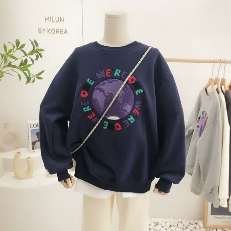 2021秋冬装新款韩国东大门ins字母地球加绒圆领卫衣休闲宽松大码商品大图