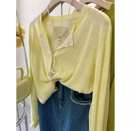 这个色系太赞了 蕾丝边拼接冰丝羊毛凉爽透气防晒针织衫薄外套女商品大图