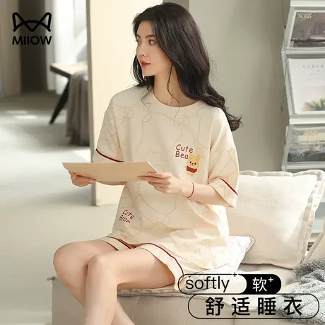 猫人睡衣女士纯棉薄款短袖短裤可爱可外穿夏季宽松大码居家服套装图片