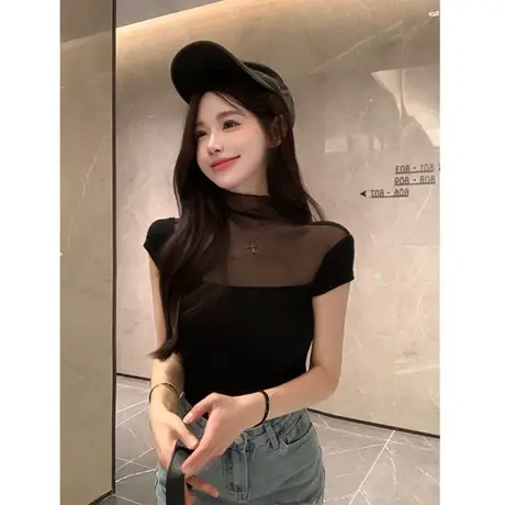 t恤女短袖韩版设计感小众纯欲夏款网纱气质女装夏季辣妹紧身上衣商品大图