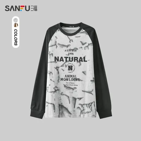 三福2023冬男士撞色插肩袖长T恤 时尚户外纯棉圆领上衣476260商品大图