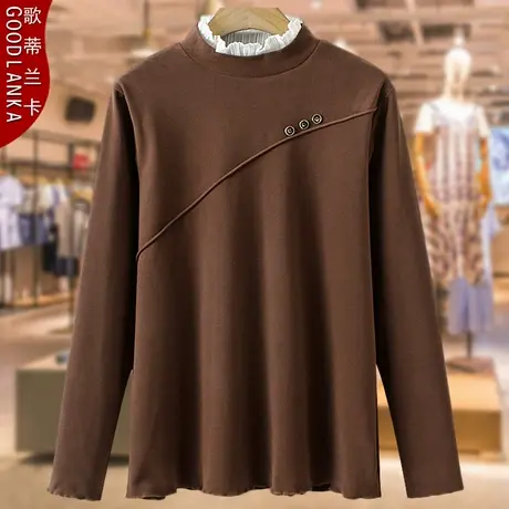 加肥加大码中年胖妈妈秋冬打底衫宽松时尚花边领德绒长袖T恤上衣图片