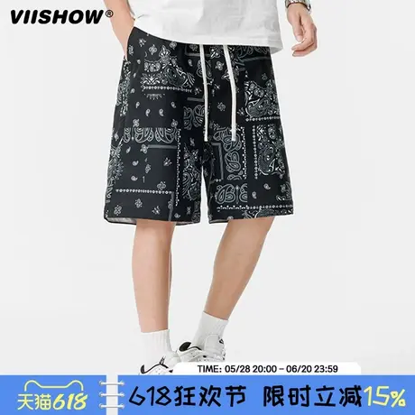 VIISHOW夏季潮牌抽绳松紧运动五分裤男复古街头宽松百搭休闲短裤图片