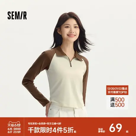 森马POLO衫女短款拼色插肩袖修身上衣小个子复古秋显瘦套头衫时尚商品大图