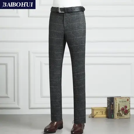 春季新款灰色格子西裤男修身商务休闲韩版小脚裤男长裤百搭男裤子商品大图