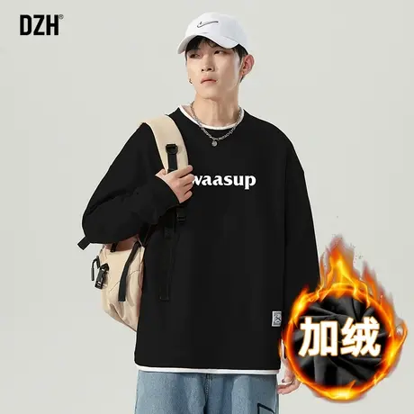 男士黑色加绒t恤男长袖冬季加厚假两件卫衣打底衫2023新款体恤衫商品大图