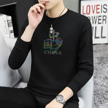 重磅纯棉卫衣男中国潮流圆领无帽上衣秋冬保暖摇粒绒黑色长袖t恤商品大图