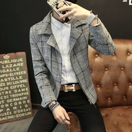 2023秋冬季新款男士韩版潮流外套青年休闲格子夹克男装修身风衣商品大图