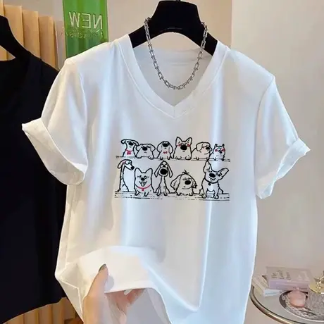 大码胖mm巨遮肚夏装美式短袖t恤女v领ins国潮高级感chic别致上衣商品大图