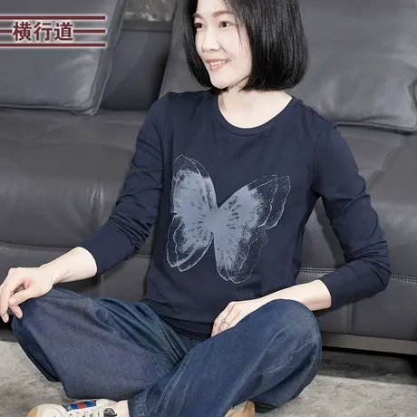 圆领蝴蝶印花长袖T恤秋装打底衫韩版上衣女士小衫秋衣体恤妈妈装图片