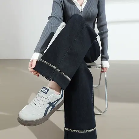 复古黑金色阔腿牛仔裤女春秋新款高腰垂感宽松明线窄版拖地直筒裤商品大图