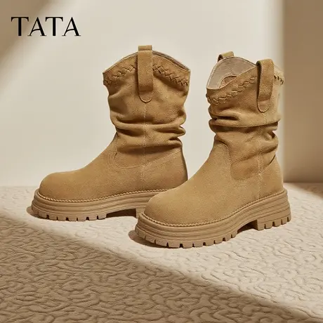 【新品试用】TATA他她牧野甜心靴子厚底西部靴堆堆靴大黄靴时装靴图片