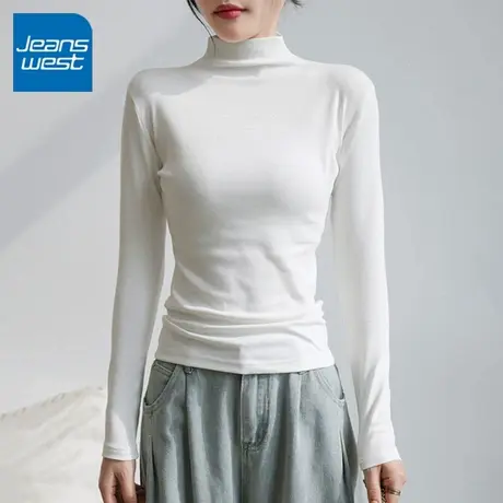 KV真维斯白色半高领打底衫女2025新款冬季加绒保暖修身小立领上衣商品大图