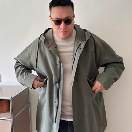 大依无忧大码男装秋新款廓版宽松加肥加大男士中长款连帽风衣外套商品大图