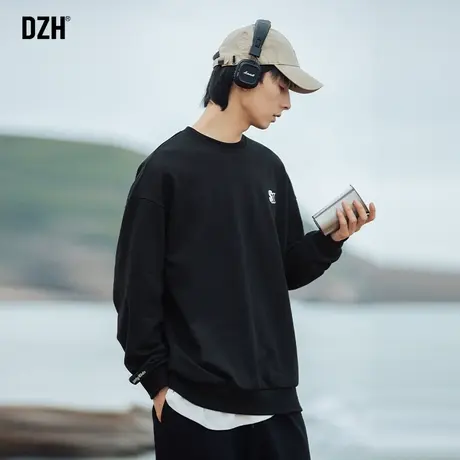 男生黑色套头卫衣男春秋季圆领2023年新款青少年外套宽松刺绣上衣商品大图