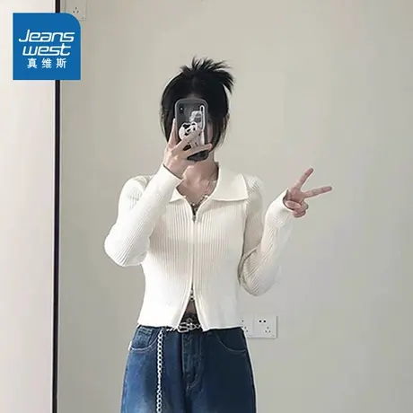 G2真维斯女装2025春季新款 POLO领双拉链短款百搭女秋长袖针织商品大图