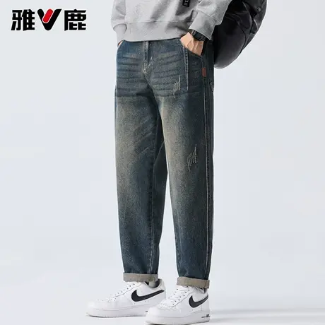 雅鹿2025春秋季新款男水洗复古宽松牛仔裤时尚港风潮牌休闲长裤子图片