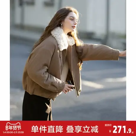 唐狮2026冬季超短款棉衣女撞色仿羊羔绒拼接灯芯绒保暖防寒立领图片