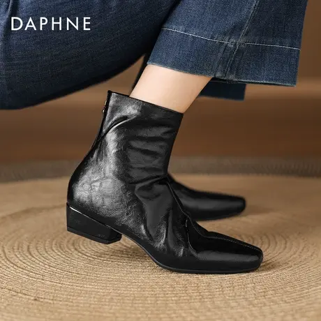 达芙妮短靴女2025新款瘦瘦靴秋冬尖头低跟靴子黑色切尔西靴马丁靴图片