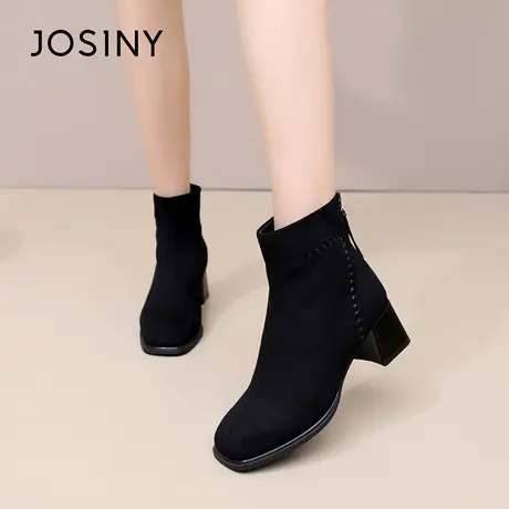 卓诗尼2025秋冬新款瘦瘦靴时尚舒适优雅潮流粗跟短靴后拉链时装靴图片