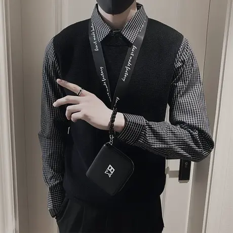 秋冬拼接设计格子衬衫领毛衣假两件男修身韩版长袖针织衫上衣打底商品大图