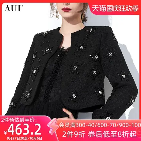 AUI黑色高端气质小香风短款外套女2023秋冬新款圆领修身开衫上衣商品大图