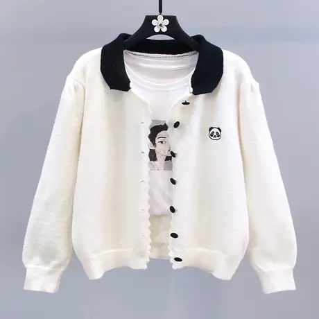 撞色polo领卡通刺绣毛衣外套女秋冬2023新款宽松学院风针织开衫商品大图