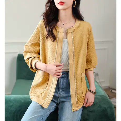 宝诗黎圆领钉珠亮丝提花外套2023秋新款流行洋气上衣宽松休闲女装图片