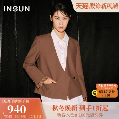 恩裳COVER2023冬装新款华夫格纹理无领式一粒扣宽松弹力西装外套图片