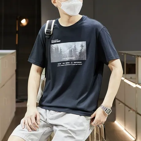 唐狮照片印纯棉短袖t恤男夏季潮流前胸印花休闲宽松打底夏装商品大图