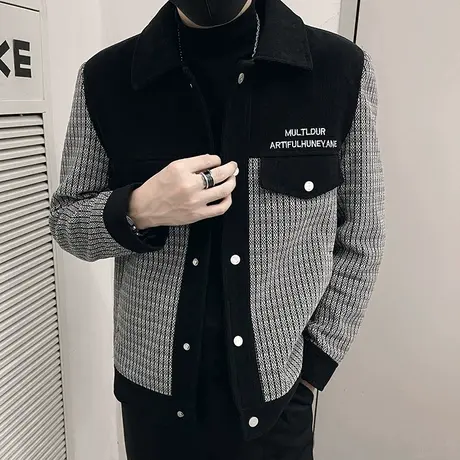 毛呢拼接设计感翻领夹克男2023年秋冬季英伦格子呢子潮牌INS外套商品大图