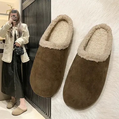 复古风毛毛鞋包头半拖鞋女外穿秋冬季加绒保暖平底女士棉拖女鞋子商品大图