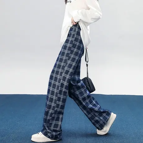 蓝色格子毛呢裤女秋冬季英伦风高腰加厚显瘦宽松休闲阔腿裤直筒裤商品大图