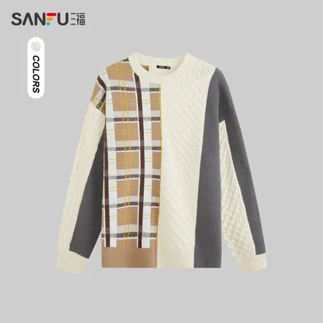 三福2023冬男士撞色拼接毛衣 时尚休闲保暖宽松圆领上衣478100商品大图