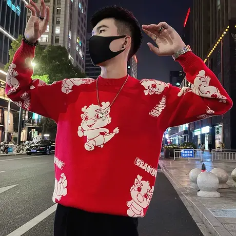 毛衣秋冬新款潮流趣味中国红刺绣设计感青少年圆领内搭针织毛线衣商品大图