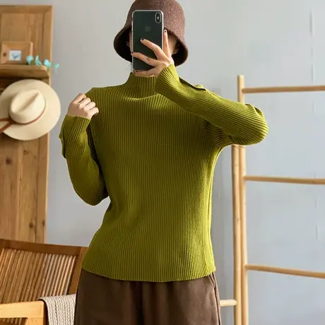 dza 复古半高圆领内搭打底衫女士秋冬宽松针织衫短款上衣叠穿毛衣图片