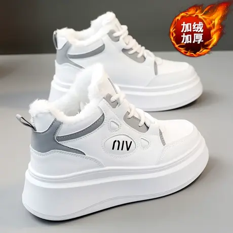 高帮厚底女鞋冬季加绒小白鞋增高休闲皮面大棉鞋松糕板鞋学生鞋子商品大图